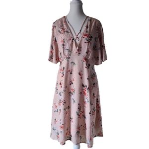 California Moonrise Pink Floral V-Neck Flutter Sleeve Midi Dress Size M